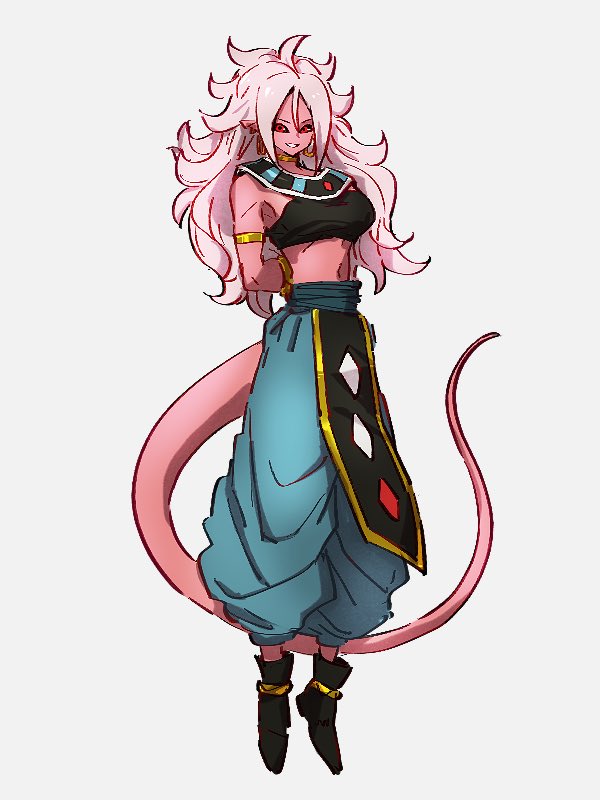 1girl android_21 armlet arms_behind_back beerus beerus_(cosplay) black_sclera blue_pants breasts choker clothing_request colored_sclera colored_skin cosplay dragon_ball dragon_ball_fighterz dragon_ball_super earrings floating full_body jewelry kemachiku long_hair majin_android_21 messy_hair pants pink_skin pointy_ears red_eyes solo tail white_hair