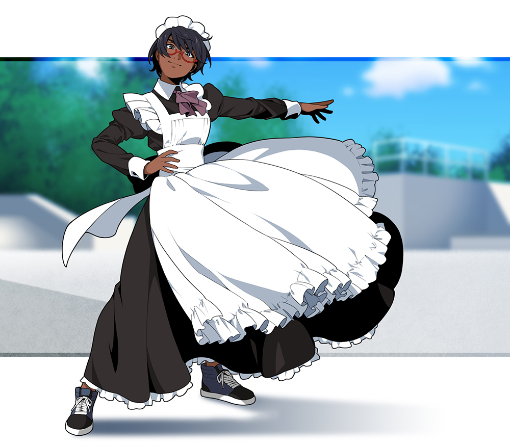 1girl apron black_hair blue_sky dark_skin glasses grey_eyes long_skirt looking_at_viewer maid maid_apron maid_headdress original park shoes short_hair skate_park skirt sky sneakers solo suzushiro_(suzushiro333) white_apron wind