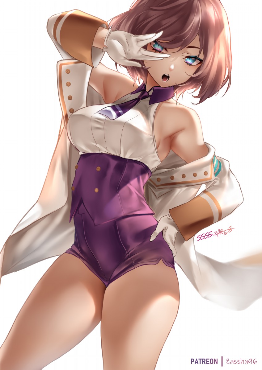 1girl armpits bangs bare_shoulders blue_eyes breasts brown_hair buttons gloves highres jacket large_breasts leotard light_brown_hair long_sleeves looking_at_viewer military_jacket mujina necktie off_shoulder open_clothes open_jacket open_mouth purple_leotard short_hair ssss.dynazenon thighs underbust white_gloves white_jacket zasshu