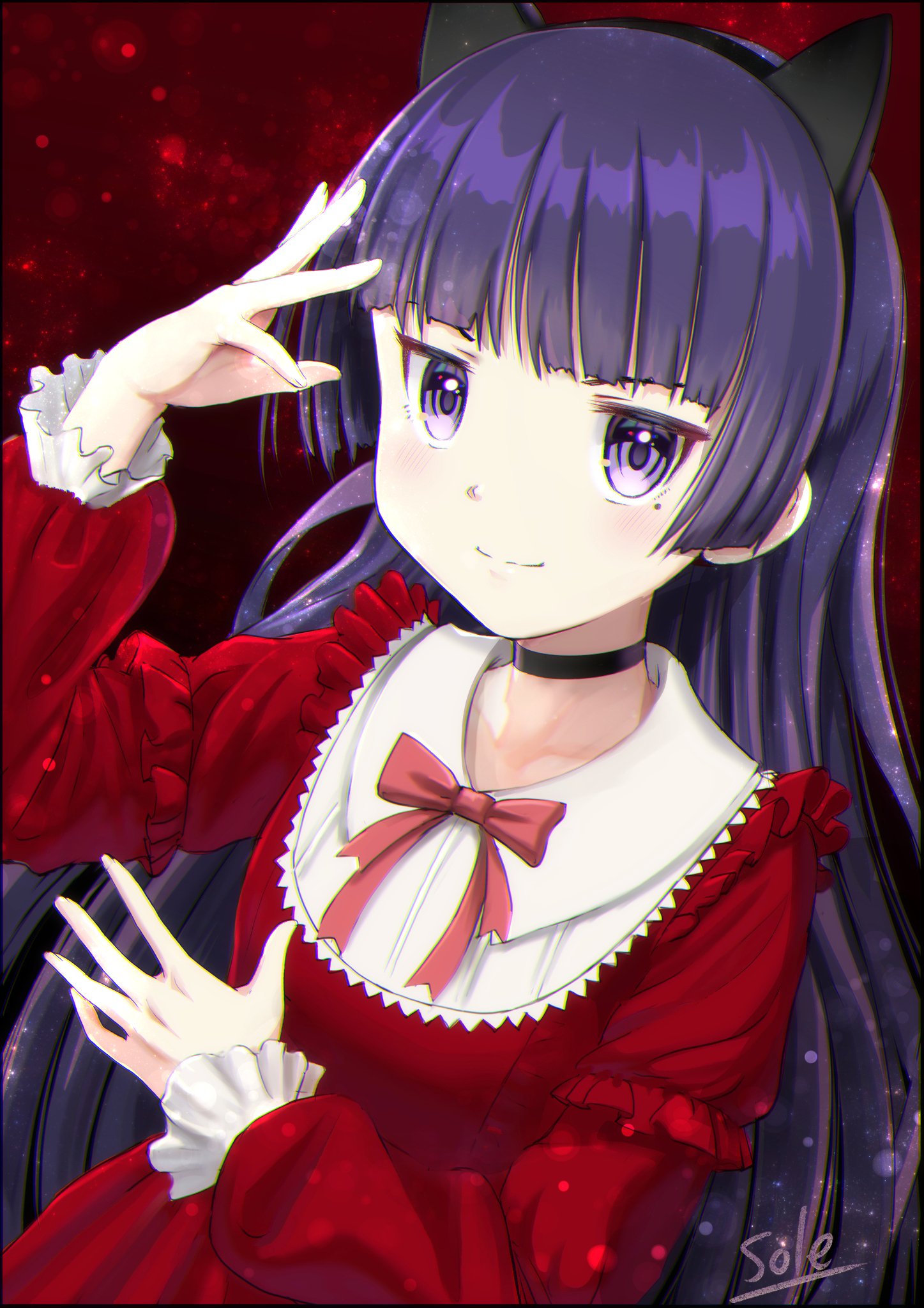 1girl animal_ears black_hair blue_eyes bow cat_ears choker dress fake_animal_ears frilled_cuffs frilled_sleeves frills gokou_ruri highres long_hair mole mole_under_eye ore_no_imouto_ga_konna_ni_kawaii_wake_ga_nai red_background red_dress smile solo telaform