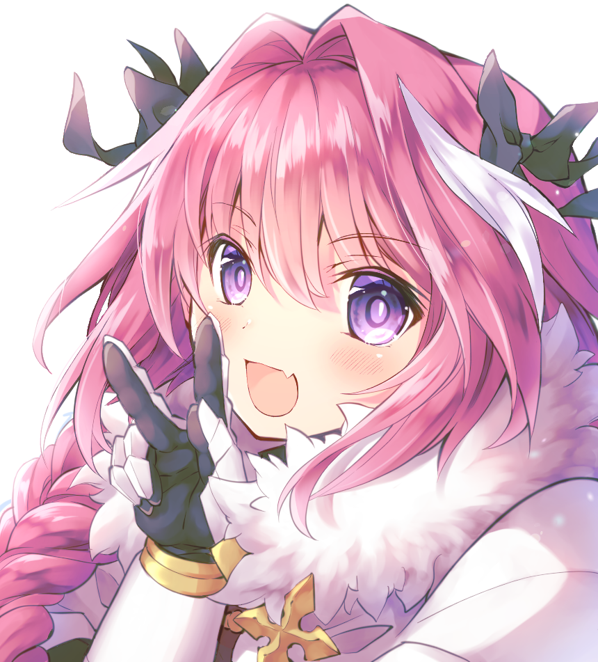 1boy astolfo_(fate) black_gloves blush bow braid cape eyebrows_visible_through_hair fate/apocrypha fate/grand_order fate_(series) fur_trim gauntlets gloves hair_bow looking_at_viewer male male_focus multicolored_hair open_mouth otoko_no_ko purple_eyes simple_background smile solo streaked_hair trap upper_body v wataame106 white_background