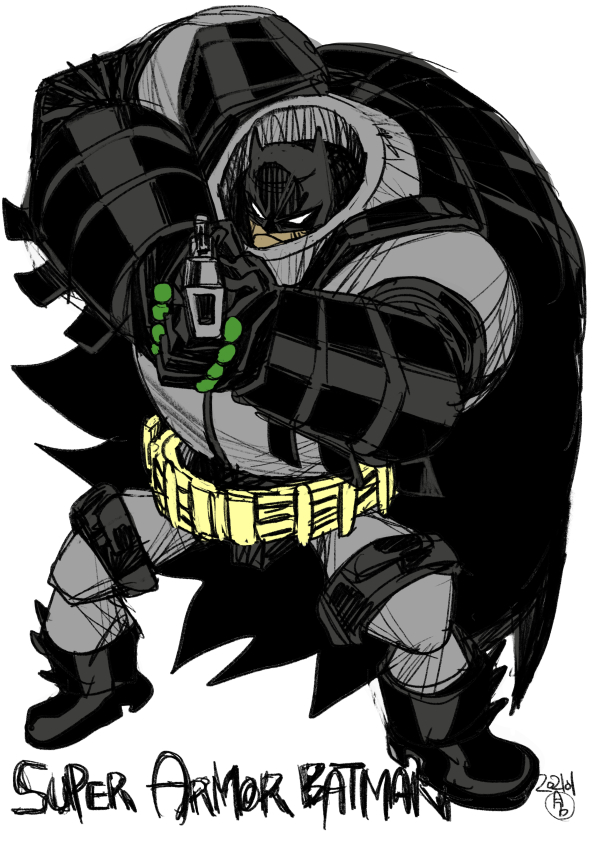 1boy armor batman belt boots cape dc_comics gloves gun imaishi_hiroyuki mask signature solo standing weapon