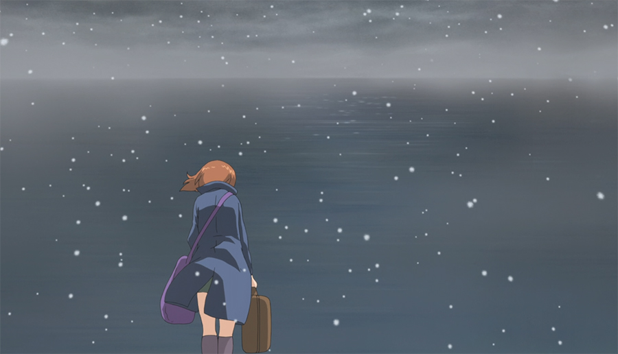 1girl bag black_legwear blue_coat briefcase brown_hair carrying coat day facing_away from_behind girls_und_panzer grey_sky horizon nishizumi_miho ocean outdoors overcast satchel screencap short_hair snowing socks solo standing trench_coat wind wind_lift