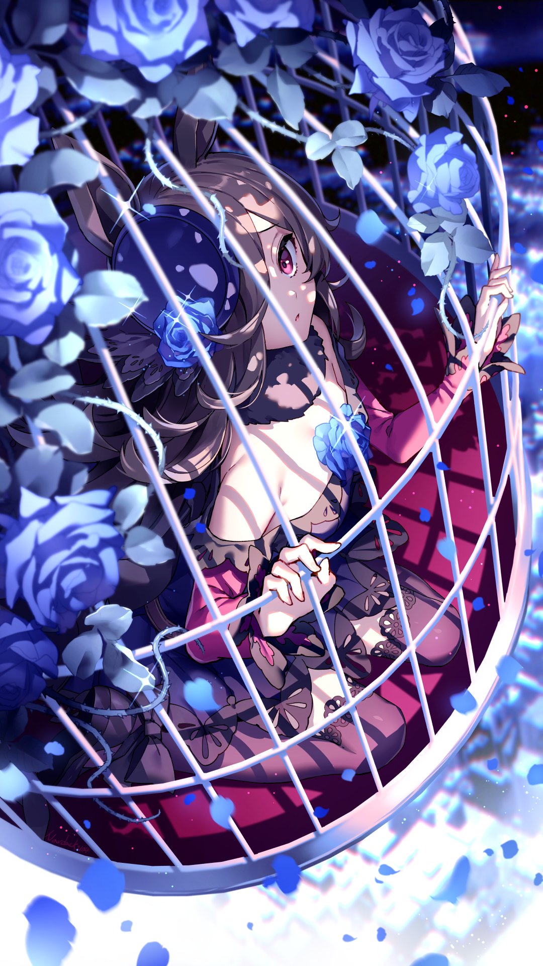 1girl animal_ears bangs birdcage blue_flower blue_rose breasts brown_hair brown_legwear cage commentary dress flower full_body fur_collar hair_over_one_eye hat hat_flower highres holding holding_bars horse_ears horse_girl in_cage long_hair long_sleeves looking_at_viewer nardack off-shoulder_dress off_shoulder parted_lips purple_dress purple_headwear red_eyes red_sleeves rice_shower_(umamusume) rose sitting solo thigh-highs umamusume wariza