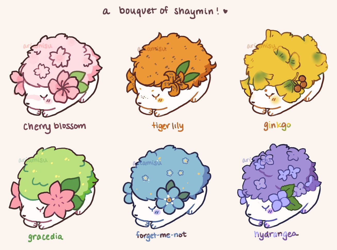 ariamisu blue_flower cherry_blossoms closed_eyes english_text flower forget-me-not_(flower) gen_4_pokemon ginkgo gracidea hydrangea mythical_pokemon orange_flower pink_flower pokemon purple_flower shaymin shaymin_(land) tiger_lily variations watermark yellow_flower