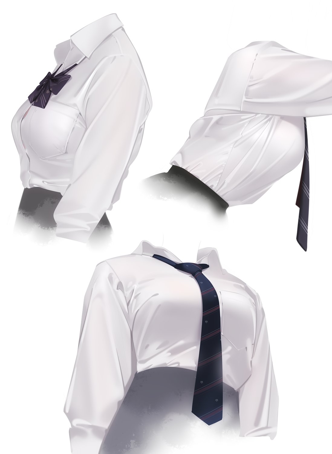 1girl ama_mitsuki black_neckwear bow bowtie breast_pocket breasts collared_shirt commentary_request cropped_torso grey_skirt highres invisible long_sleeves medium_breasts necktie original pocket shirt shirt_tucked_in simple_background skirt striped striped_neckwear upper_body white_background white_shirt