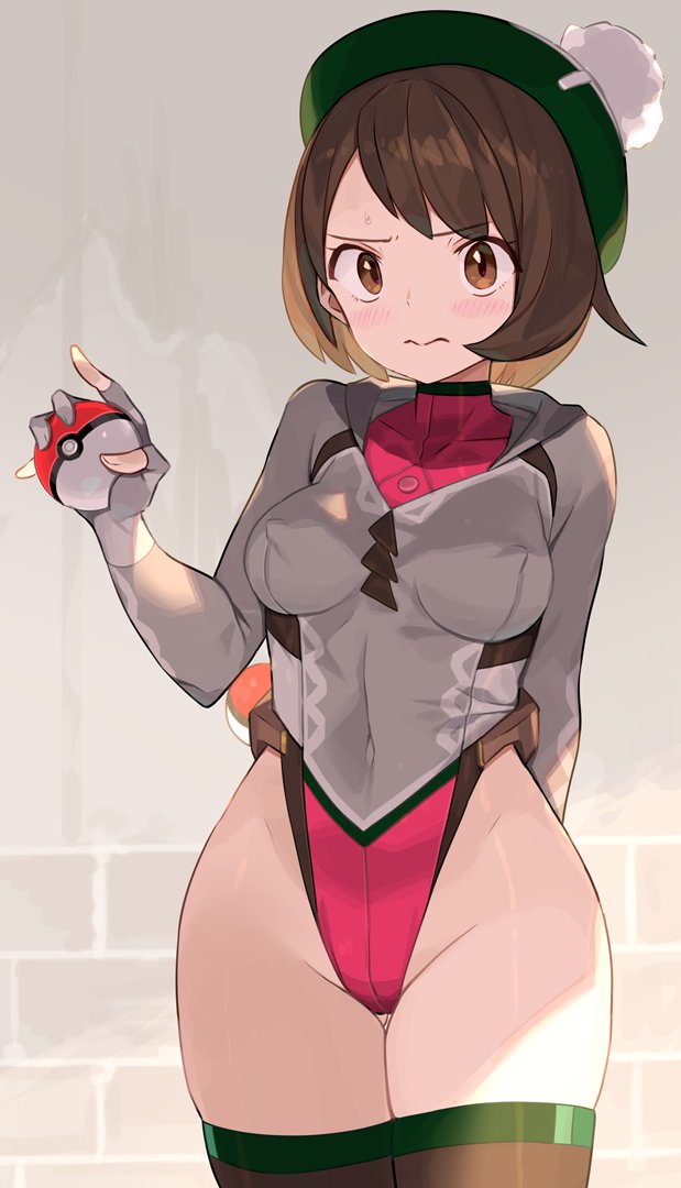 1girl adapted_costume blush bob_cut breasts brown_eyes brown_hair buttons covered_navel covered_nipples embarrassed gloria_(pokemon) green_headwear hat highleg highleg_leotard hood hooded_cardigan hoodie leotard medium_breasts multicolored_leotard poke_ball pokemon pokemon_(game) pokemon_swsh short_hair spring20134 tam_o'_shanter thigh-highs