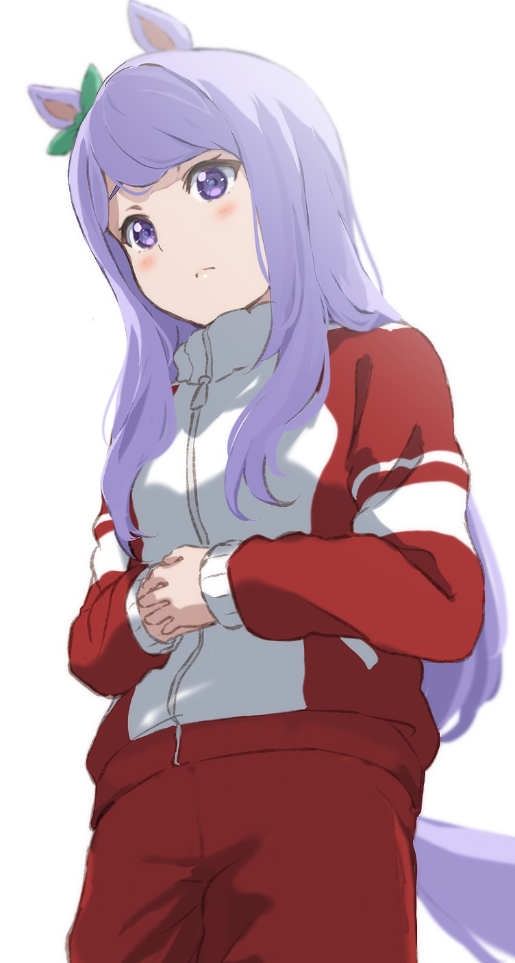 1girl animal_ears bangs blush breasts closed_mouth ear_ribbon eyebrows_behind_hair green_ribbon hands_together highres horse_ears horse_girl horse_tail icehotmilktea jacket long_sleeves mejiro_mcqueen_(umamusume) own_hands_together pants purple_hair red_jacket red_pants ribbon simple_background small_breasts solo tail track_jacket track_pants track_suit umamusume violet_eyes white_background