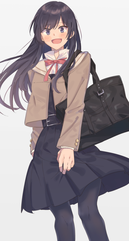 1girl :d belt_buckle black_bag black_hair black_legwear black_skirt blazer blue_eyes blush brown_jacket buckle clothes_grab floating_hair hanging_on_arm jacket koju_touma long_hair nanami_touko open_mouth red_ribbon ribbon shirt_under_jacket simple_background skirt smile thigh-highs white_background yagate_kimi_ni_naru