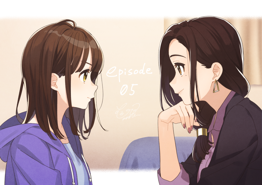 2girls black_hair booota brown_eyes brown_hair business_suit casual dress_shirt earrings episode_number eye_contact formal from_side gotou_airi hand_on_own_chin hige_wo_soru._soshite_joshikousei_wo_hirou. hood hoodie jewelry looking_at_another mole mole_under_eye multiple_girls ogiwara_sayu open_clothes open_hoodie profile purple_hoodie purple_shirt shirt signature sleeves_folded_up suit triangle_earrings