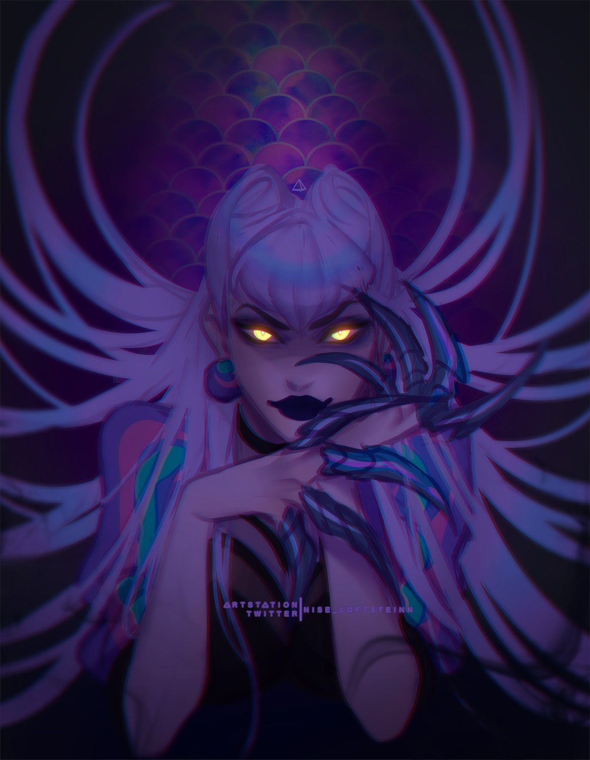 claws cropped_jacket dark dniseb earrings evelynn_(league_of_legends) floating_hair glowing glowing_eyes highres jacket jewelry league_of_legends long_hair looking_at_viewer makeup silver_hair the_baddest_evelynn very_long_hair