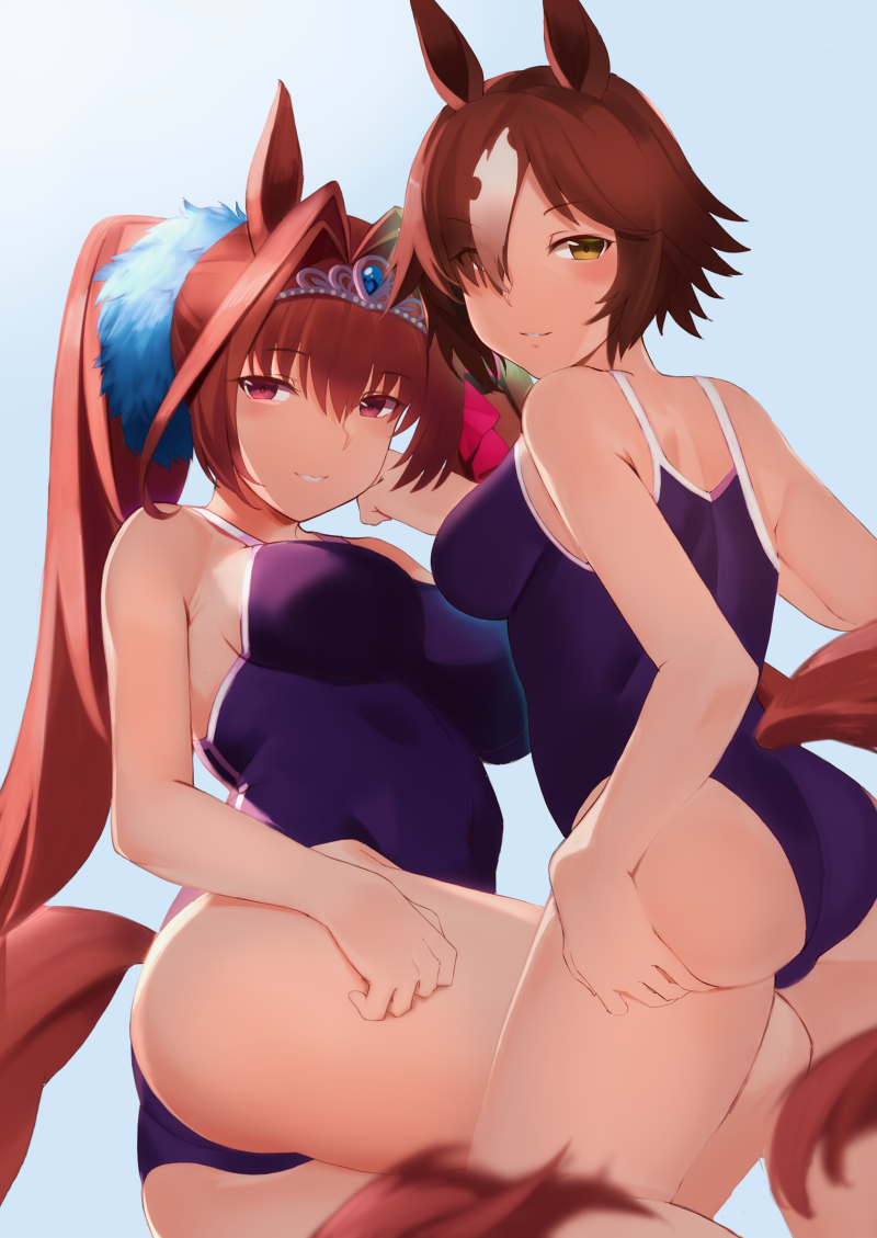 2girls animal_ears ass ass_support bare_shoulders blue_background blush breasts brown_eyes brown_hair competition_swimsuit daiwa_scarlet_(umamusume) eyes_visible_through_hair from_behind hair_intakes hair_over_one_eye horse_ears horse_girl horse_tail large_breasts looking_at_viewer looking_back multicolored_hair multiple_girls one-piece_swimsuit parted_lips purple_swimsuit saisarisu short_hair simple_background smile streaked_hair swimsuit tail thighs tiara twintails two-tone_hair umamusume vodka_(umamusume) white_hair