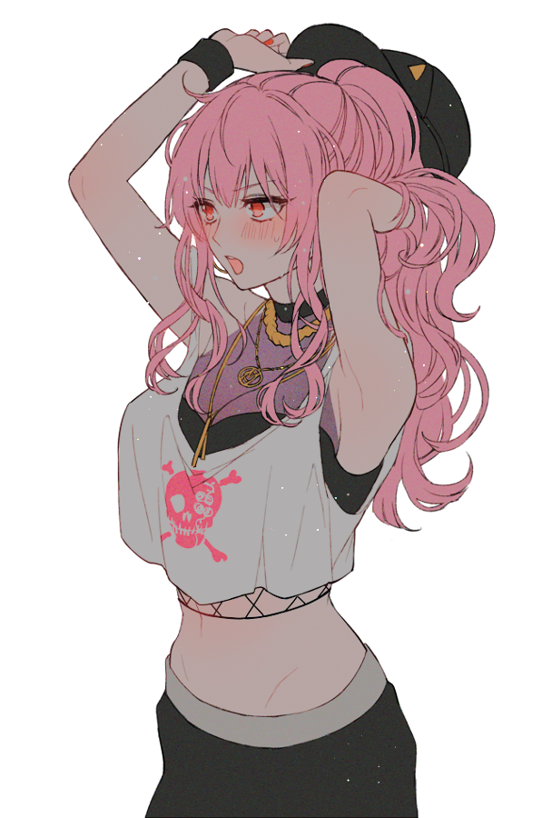 armpits arms_up baseball_cap blush fishnets hat hololive hololive_english jewelry mamaloni midriff mori_calliope necklace open_mouth pants pink_hair ponytail red_eyes red_nails skull_and_crossbones tank_top virtual_youtuber wristband