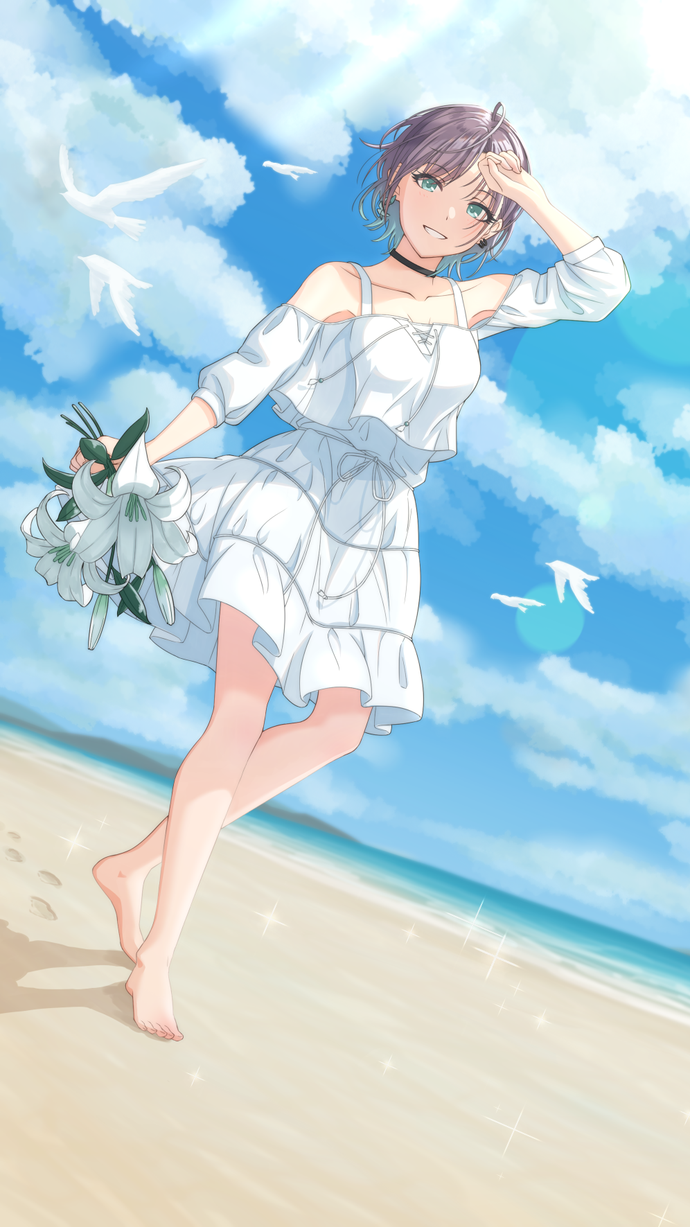 1girl :d aqua_eyes arm_up asakura_tooru bangs barefoot beach bird black_choker blue_sky breasts choker clouds collarbone cowlick cross-laced_clothes dress ear_piercing flower footprints hachisu_lotus highres holding holding_flower idolmaster idolmaster_shiny_colors light_blush looking_at_viewer medium_breasts multicolored_hair ocean off-shoulder_dress off_shoulder open_mouth outdoors piercing sand seagull short_hair sky smile solo sparkle sunlight two-tone_hair water white_dress white_flower