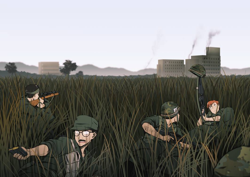 1girl aiming ammunition assault_rifle bandana building camouflage_helmet glasses grass gun hat helmet hiding holding m16a1 military military_uniform mountainous_horizon mrxinom original rifle smoke sniper_rifle tall_grass tree uniform vietnam vietnam_war weapon