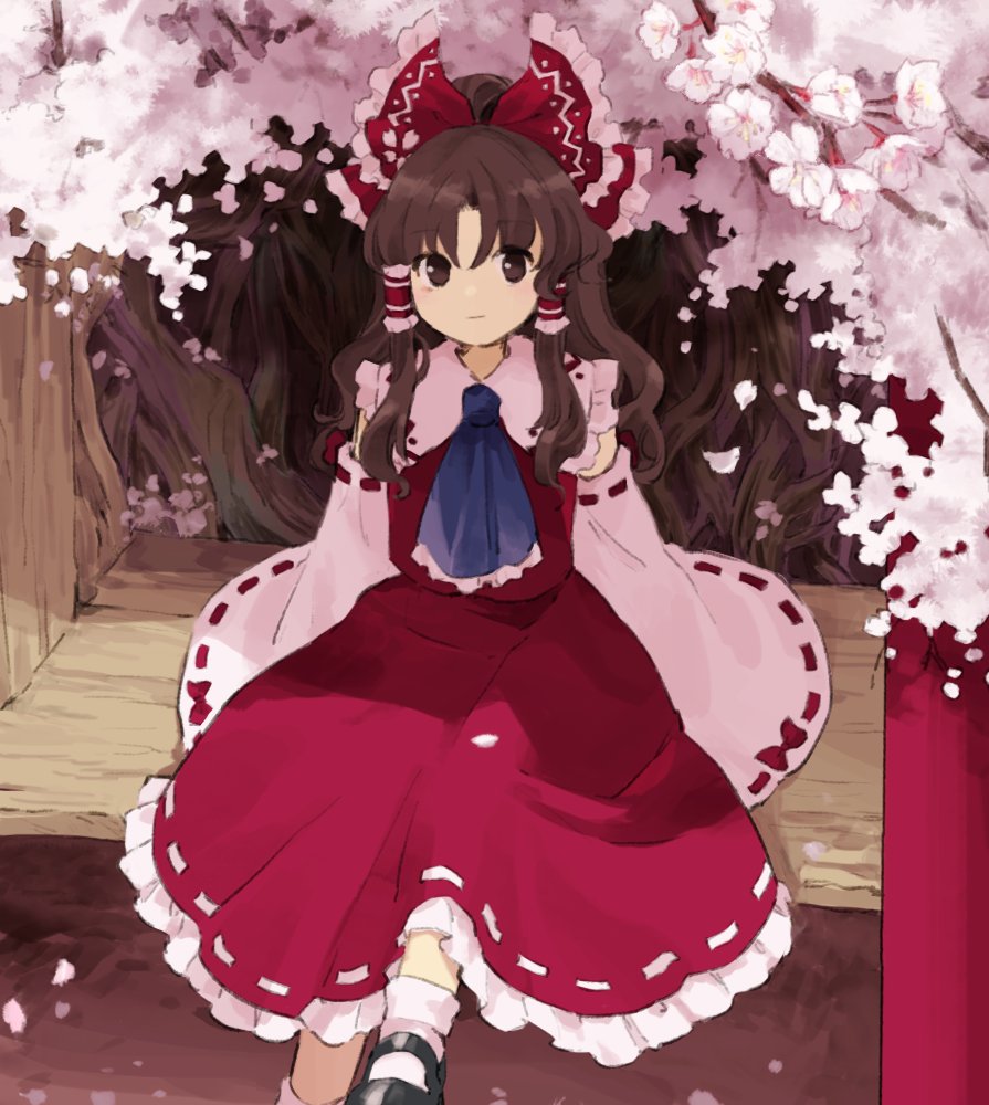 1girl arm_support ascot bangs black_footwear blue_neckwear bobby_socks bow branch brown_eyes brown_hair cherry_blossoms closed_mouth commentary detached_sleeves dress flower frilled_dress frilled_hair_tubes frilled_neckwear frilled_shirt_collar frills hair_bow hair_tubes hakurei_reimu kaigen_1025 light_blush looking_at_viewer mary_janes medium_hair outdoors petals ponytail red_bow red_dress red_ribbon ribbon ribbon-trimmed_sleeves ribbon_trim shadow shoes sidelocks sitting socks solo touhou tree white_legwear