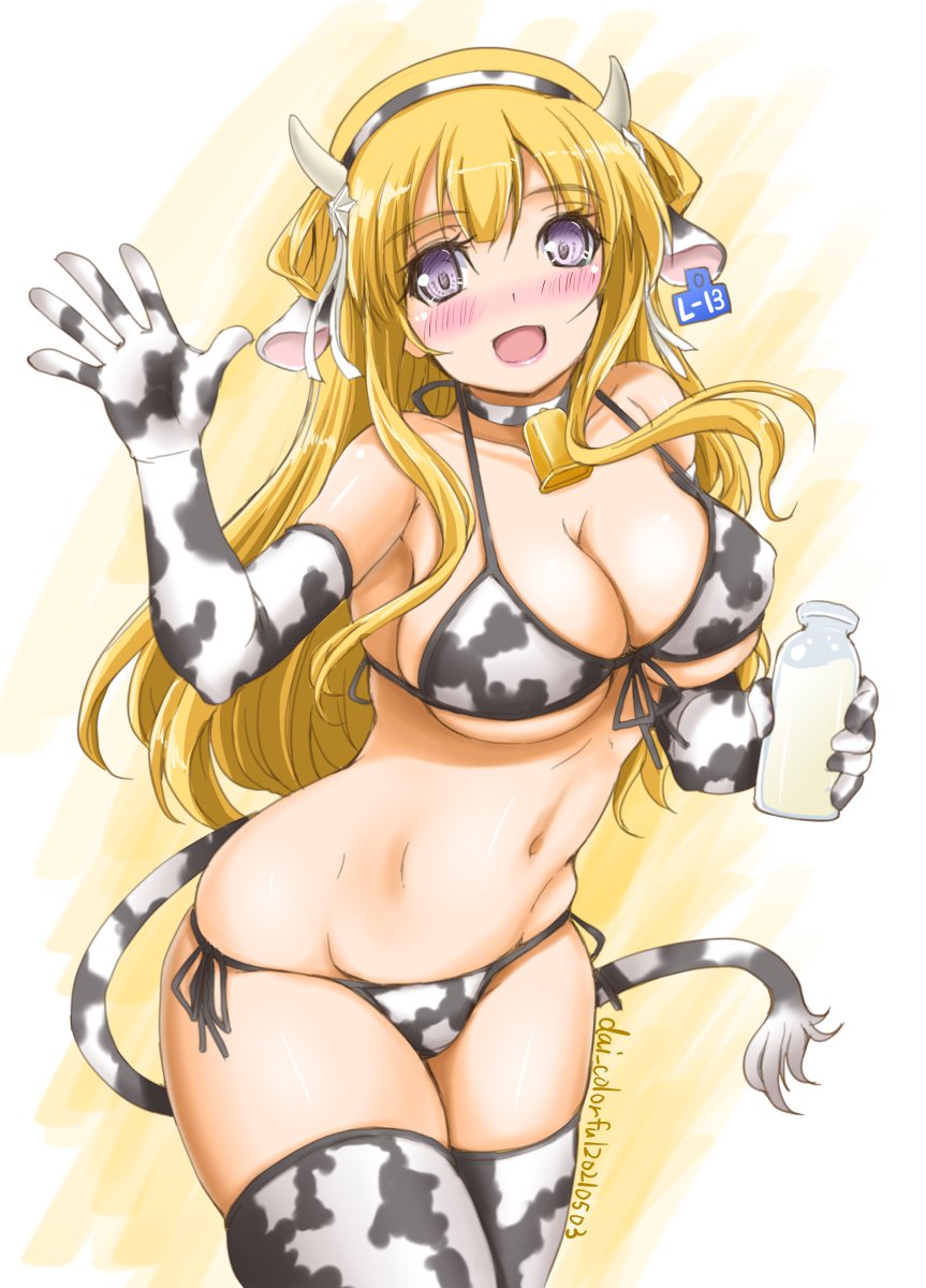 1girl akimoto_dai animal_ears animal_print bell bikini blonde_hair breasts commentary_request cow_ears cow_horns cow_print cow_tail cowbell cowboy_shot double_bun ear_tag elbow_gloves fake_animal_ears fake_horns fletcher_(kancolle) gloves hair_ornament hairband highres horns kantai_collection large_breasts long_hair looking_at_viewer navel side-tie_bikini solo star_(symbol) star_hair_ornament swimsuit tail violet_eyes waving white_bikini white_gloves white_legwear