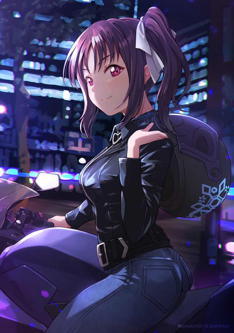 1girl bangs breasts commentary_request denim ground_vehicle headwear_removed helmet helmet_removed jacket jeans kazuno_sarah long_hair long_sleeves looking_at_viewer love_live! love_live!_sunshine!! medium_breasts motor_vehicle motorcycle motorcycle_helmet night pants pink_eyes purple_hair shamakho shiny shiny_hair side_ponytail sidelocks solo