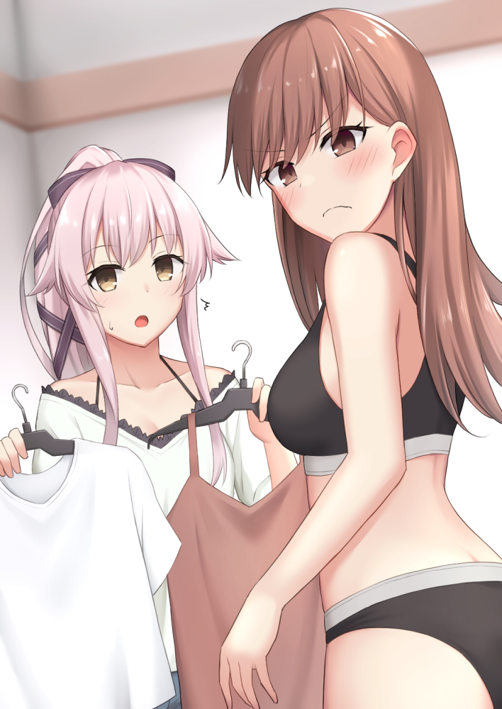 2girls akahi242 black_bra black_panties bra breasts brown_eyes brown_hair clothes clothes_hanger hair_flaps holding holding_clothes kantai_collection long_hair multiple_girls ooi_(kancolle) panties pink_hair ponytail small_breasts underwear underwear_only very_long_hair yura_(kancolle)