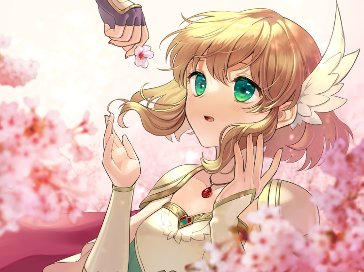 1girl armor bangs blonde_hair cherry_blossoms feather_hair_ornament fire_emblem fire_emblem:_genealogy_of_the_holy_war fire_emblem:_thracia_776 floral_background flower green_eyes hair_ornament hands_up jewelry nanna_(fire_emblem) necklace open_mouth short_hair shoulder_armor youheiogm