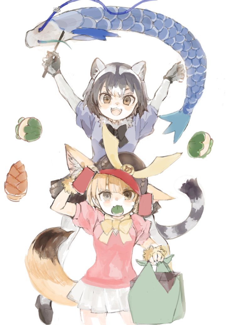 animal_ears black_gloves black_neckwear black_skirt blonde_hair blue_sweater bow bowtie carrying common_raccoon_(kemono_friends) elbow_gloves eyebrows_visible_through_hair fennec_(kemono_friends) food food_in_mouth fox_ears fox_girl fox_tail fur_collar fur_trim gloves grey_hair kemono_friends kite konabetate multicolored_hair pantyhose piggyback pink_sweater pleated_skirt puffy_short_sleeves puffy_sleeves raccoon_ears raccoon_girl raccoon_tail short_hair short_sleeves skirt sweater tail white_fur white_gloves white_hair white_legwear white_skirt yellow_eyes yellow_gloves yellow_neckwear