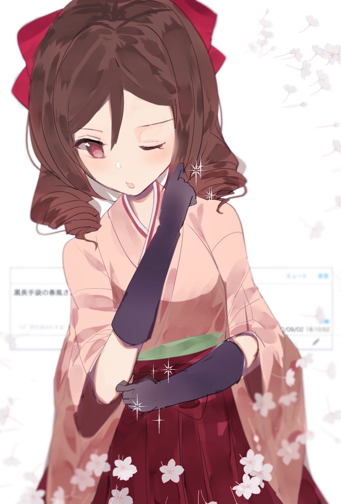 1girl black_gloves bow brown_hair commentary_request cowboy_shot drill_hair gloves hair_bow hakama harukaze_(kancolle) highres japanese_clothes kantai_collection kimono long_hair looking_at_viewer meiji_schoolgirl_uniform one_eye_closed pink_kimono qqqmei red_bow red_eyes red_hakama solo twin_drills white_background