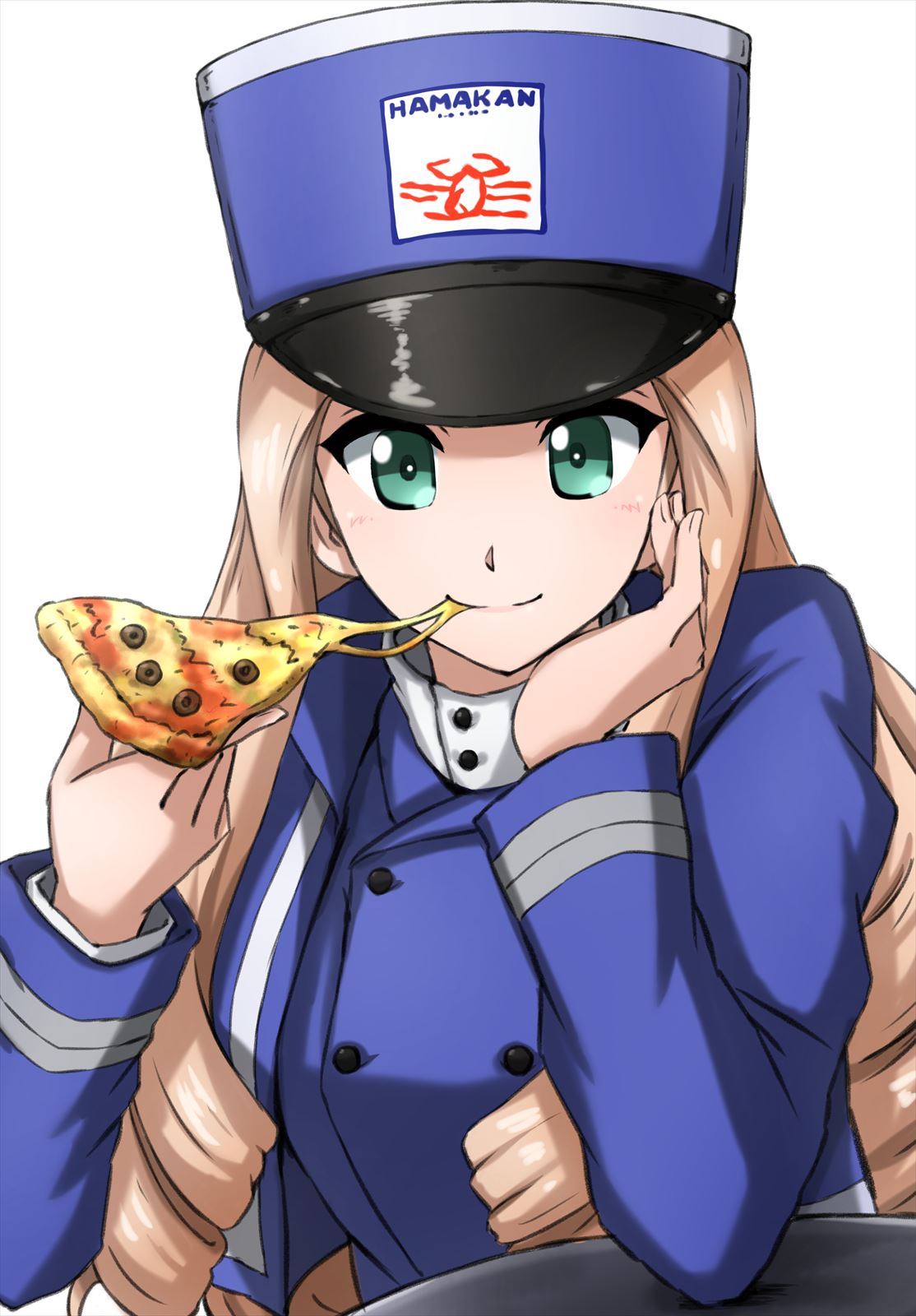 1girl bc_freedom_military_uniform blonde_hair blue_headwear blue_jacket blue_vest cheese_trail closed_mouth commentary dress_shirt drill_hair eating food food_in_mouth girls_und_panzer green_eyes hand_on_own_face hat high_collar highres holding holding_food jacket kepi logo long_hair long_sleeves looking_at_viewer marie_(girls_und_panzer) military military_hat military_uniform omachi_(slabco) pizza_slice shirt smile solo uniform vest white_shirt