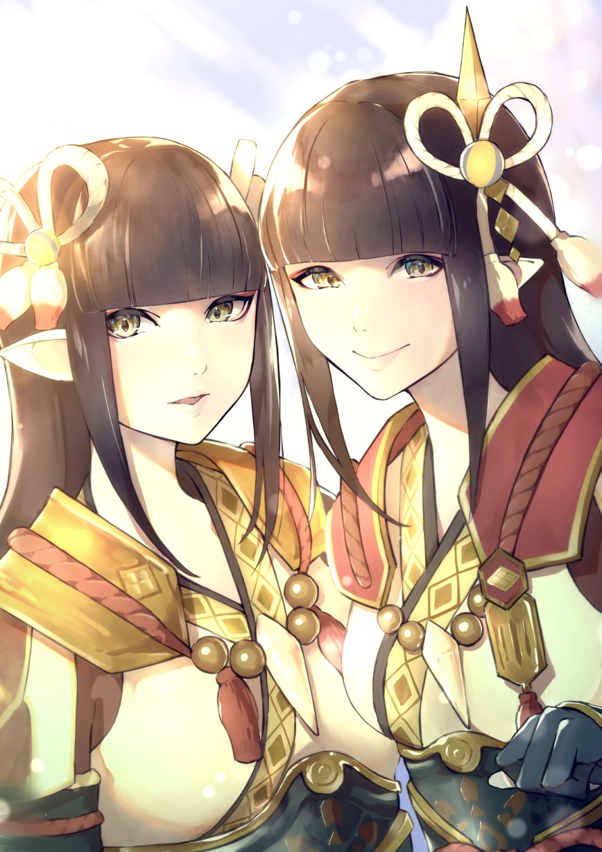 2girls bangs black_gloves black_hair blunt_bangs closed_mouth commentary_request eyeshadow fewer_digits gloves hair_behind_ear hair_ornament highres hinoa japanese_clothes jewelry kimono lips long_hair looking_at_viewer makeup minoto monster_hunter_(series) monster_hunter_rise multiple_girls necklace open_mouth outdoors parted_lips pink_lips pointy_ears red_eyeshadow rindoriko siblings sidelocks sisters sky smile twins white_kimono yellow_eyes