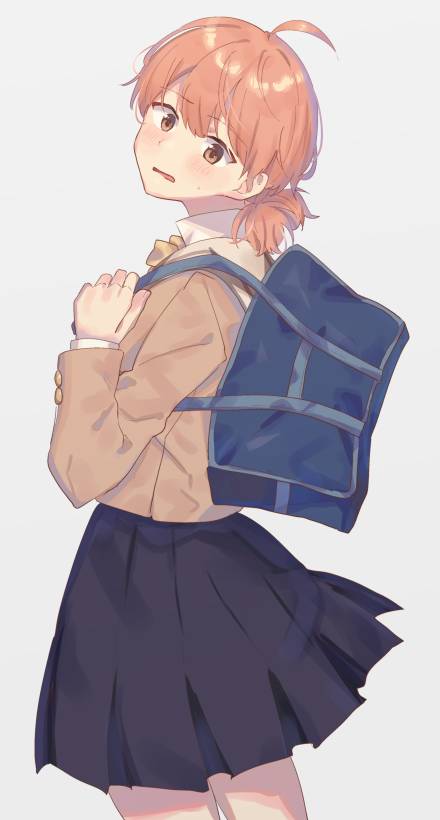 1girl ahoge bag black_skirt blue_bag blush brown_eyes brown_jacket carrying_over_shoulder eyebrows_visible_through_hair from_side holding holding_bag jacket koito_yuu koju_touma looking_at_viewer medium_hair nervous orange_hair ponytail ribbon school_bag school_uniform shirt_under_jacket simple_background skirt wavy_mouth white_background yagate_kimi_ni_naru yellow_ribbon