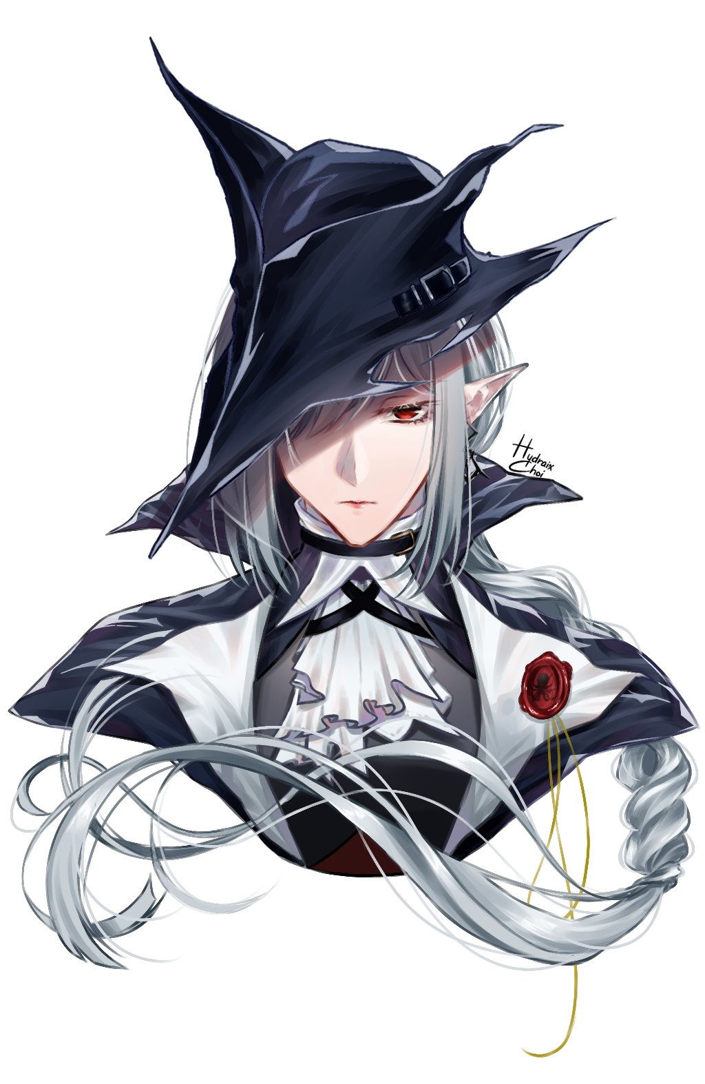 1girl arknights artist_name ascot bare_shoulders black_dress black_headwear cropped_shoulders dress earrings english_commentary gladiia_(arknights) hair_over_one_eye hat highres hydraix_choi jewelry looking_at_viewer pointy_ears red_eyes silver_hair simple_background upper_body white_background white_neckwear