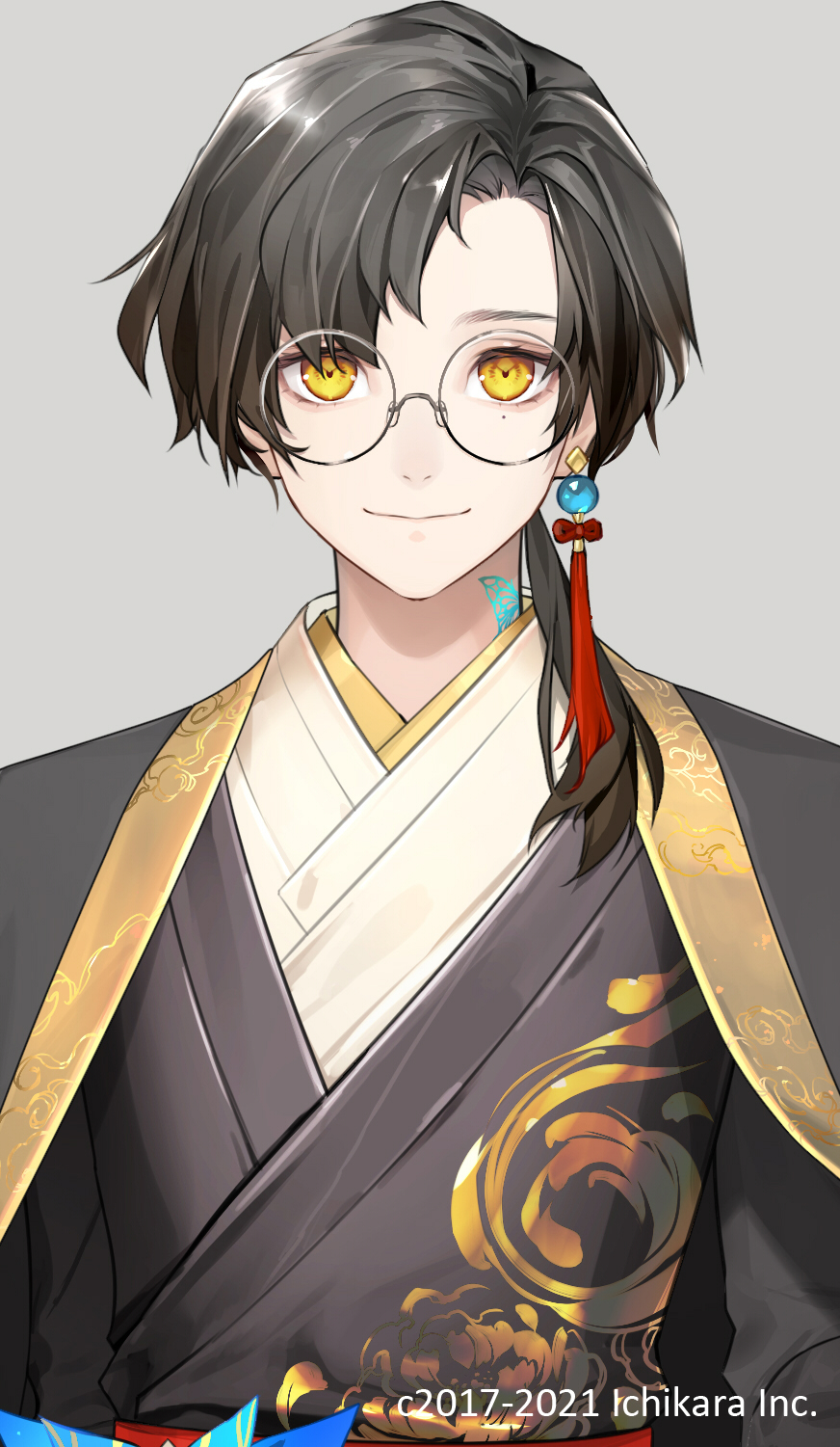 1boy black_hair cloak glasses han_chi_ho highres jewelry korean_clothes looking_at_viewer male_focus mole mole_under_eye nijisanji nijisanji_kr official_art parted_hair single_earring smile solo tied_hair u3n17 yellow_eyes