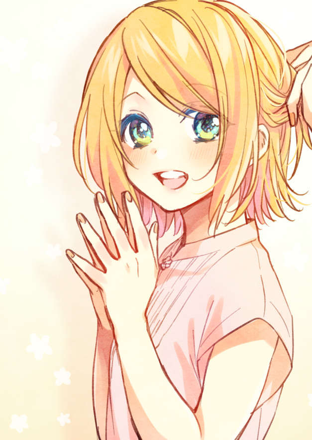 1boy 1girl aqua_eyes blonde_hair commentary from_side hands_together hands_up hinata_(princess_apple) kagamine_len kagamine_rin looking_back nail_polish open_mouth out_of_frame pink_shirt shirt short_hair short_sleeves sideways_glance smile steepled_fingers tying_hair upper_body vocaloid yellow_nails