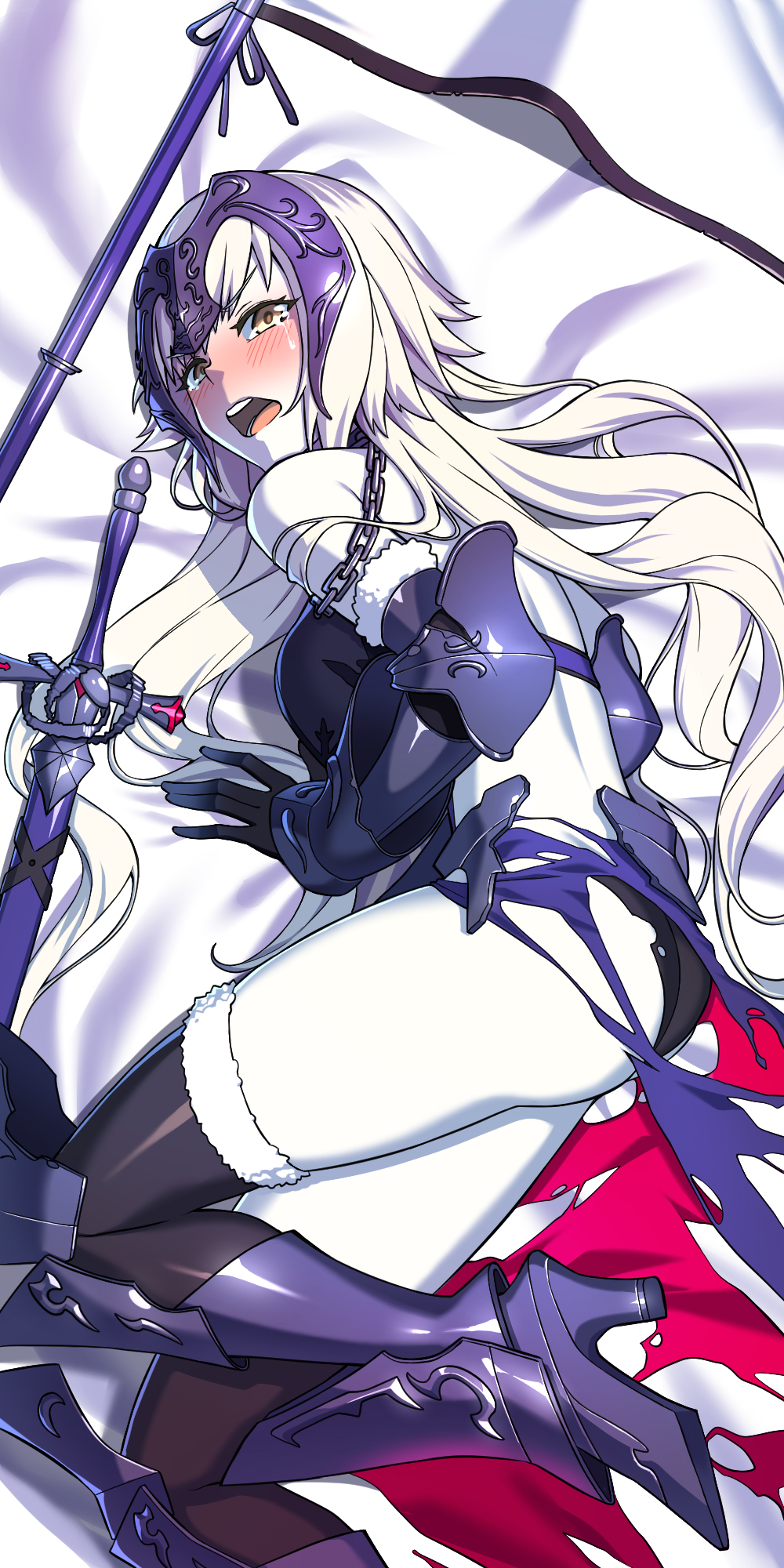1girl armor armored_boots armored_dress bangs bare_shoulders black_gloves black_legwear blush boots breasts chain collar elbow_gloves fate/grand_order fate_(series) faulds flag gauntlets gloves headpiece high_heel_boots high_heels highres hyperbudd jeanne_d'arc_(alter)_(fate) jeanne_d'arc_(fate)_(all) large_breasts looking_at_viewer lying metal_collar on_side open_mouth silver_hair sword tears thigh-highs weapon yellow_eyes