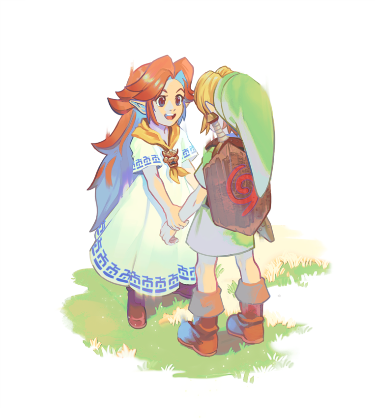 1boy 1girl blonde_hair blue_eyes boots dress grass green_headwear green_tunic holding_hands link long_hair malon orange_hair pointy_ears shield smile sword the_legend_of_zelda the_legend_of_zelda:_ocarina_of_time uzucake weapon white_dress yellow_neckwear