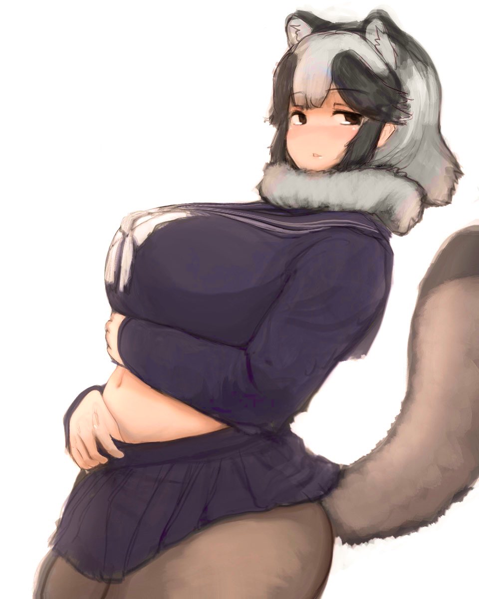 1girl alternate_breast_size animal_ears arm_under_breasts bangs belly black_hair blue_shirt blue_skirt blush breasts collared_shirt dutch_angle eyebrows_visible_through_hair from_side fur_collar grey_hair grey_legwear half-closed_eyes highres huge_breasts kemono_friends lifted_by_self light_smile long_sleeves looking_at_viewer medium_hair microskirt midriff_peek multicolored_hair navel no_nose nose_blush pantyhose parted_lips pleated_skirt plump raccoon_ears raccoon_girl raccoon_tail sailor_collar shibori_kasu shirt shirt_lift sidelocks simple_background sketch skirt solo stomach tail tanuki_(kemono_friends) two-tone_hair white_background