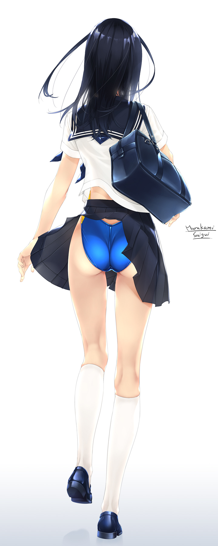 1girl artist_name ass bag black_footwear black_sailor_collar blue_swimsuit commentary_request competition_swimsuit from_behind full_body highres kneehighs loafers long_hair murakami_suigun one-piece_swimsuit original pleated_skirt sailor_collar school_bag shoes short_hair skirt skirt_lift solo swimsuit swimsuit_under_clothes walking white_background white_legwear wind wind_lift