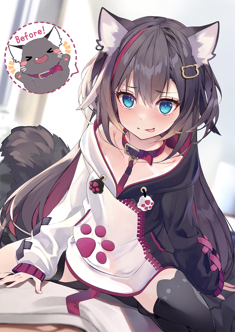 &gt;_&lt; 1girl :d :p animal animal_ear_fluff animal_ear_legwear animal_ears bangs black_cat black_hair black_hoodie black_legwear blue_eyes blurry blurry_background blush cat cat_ear_legwear cat_ears cat_girl cat_tail closed_eyes closed_mouth collar commentary_request depth_of_field dotted_line eyebrows_visible_through_hair fang hair_between_eyes hood hood_down hoodie leash long_sleeves multicolored_hair notice_lines open_mouth original puffy_long_sleeves puffy_sleeves red_collar redhead shirokitsune sleeves_past_wrists smile solo_focus straddling streaked_hair tail thigh-highs tongue tongue_out white_hoodie xd