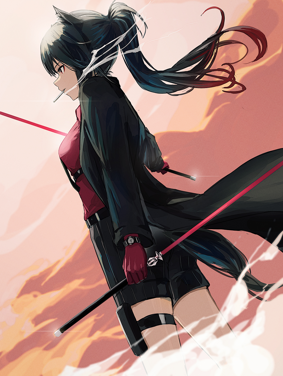 1girl animal_ears arknights bangs black_hair black_jacket black_shorts breasts cigarette clouds dejio dual_wielding dutch_angle feet_out_of_frame from_side gloves gradient_hair gun highres holding holding_gun holding_weapon jacket long_sleeves medium_breasts mouth_hold multicolored_hair official_alternate_costume open_clothes open_jacket orange_sky outdoors ponytail profile red_eyes red_gloves red_shirt redhead shirt shorts sky smoke smoking solo standing striped tail texas_(willpower)_(arknights) thigh_strap vertical-striped_shorts vertical_stripes watch watch weapon wolf_ears wolf_girl wolf_tail