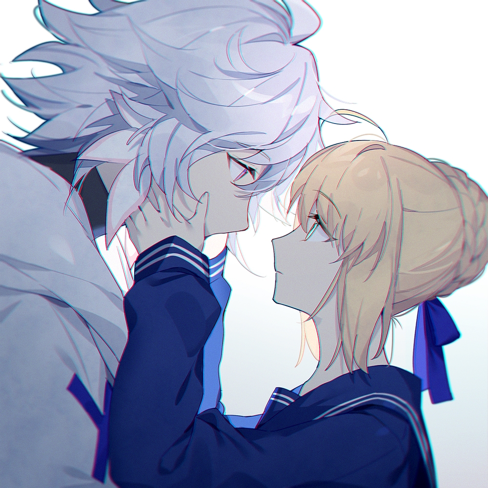 1boy 1girl ahoge artoria_pendragon_(all) blue_ribbon blue_sailor_collar blue_shirt braid eyebrows_visible_through_hair fate/grand_order fate_(series) from_side green_eyes grey_hair hair_ribbon hands_on_another's_cheeks hands_on_another's_face hands_up kamiowl looking_at_another merlin_(fate) messy_hair ribbon saber sailor_collar school_uniform shiny shiny_hair shirt short_hair