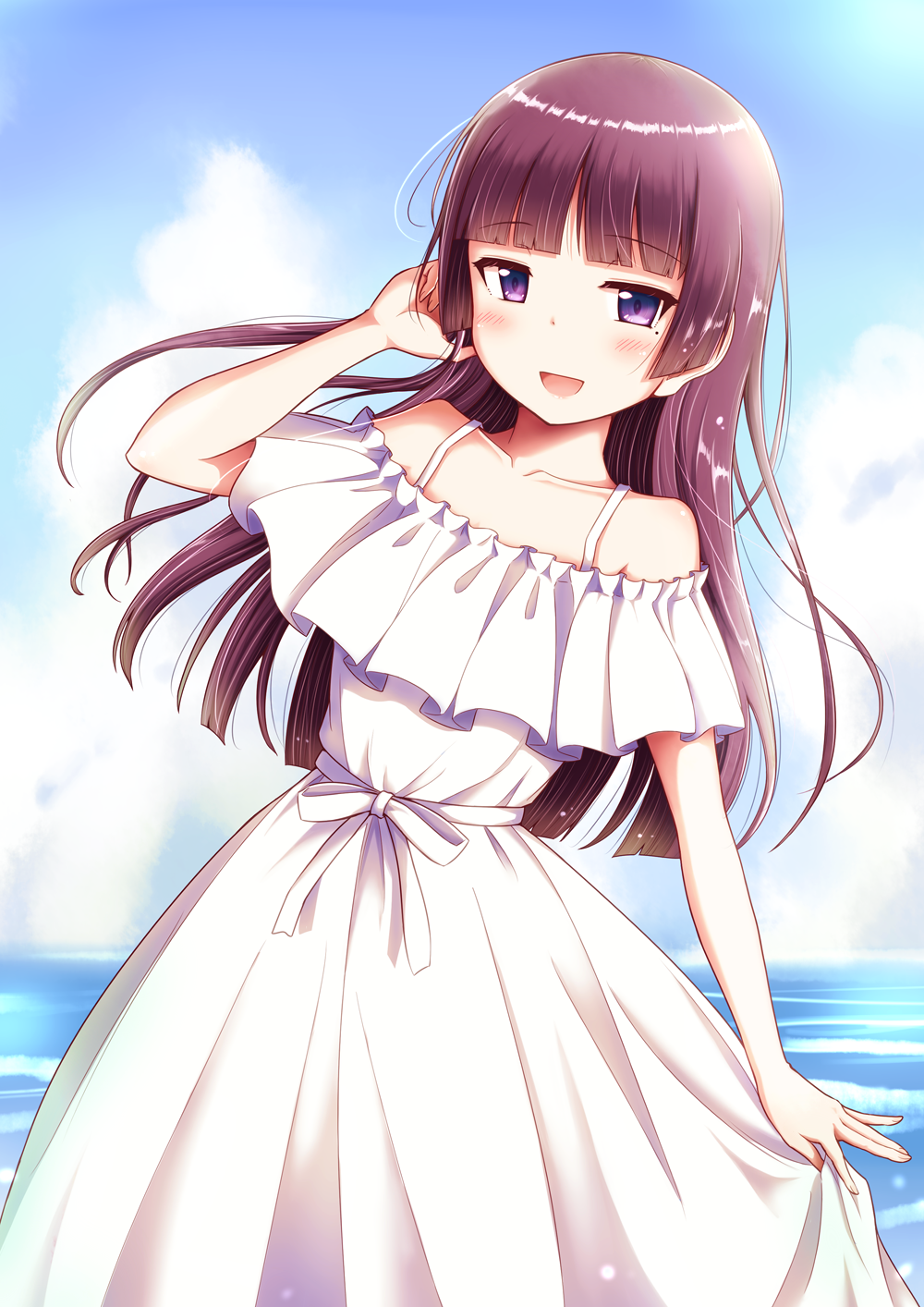 black_hair blue_eyes blush bow dress frills gokou_ruri hand_in_hair herunin highres hime_cut holding holding_clothes holding_dress long_dress long_hair looking_at_viewer mole mole_under_eye ocean off_shoulder open_mouth ore_no_imouto_ga_konna_ni_kawaii_wake_ga_nai sky sleeveless sleeveless_dress smile sundress white_dress