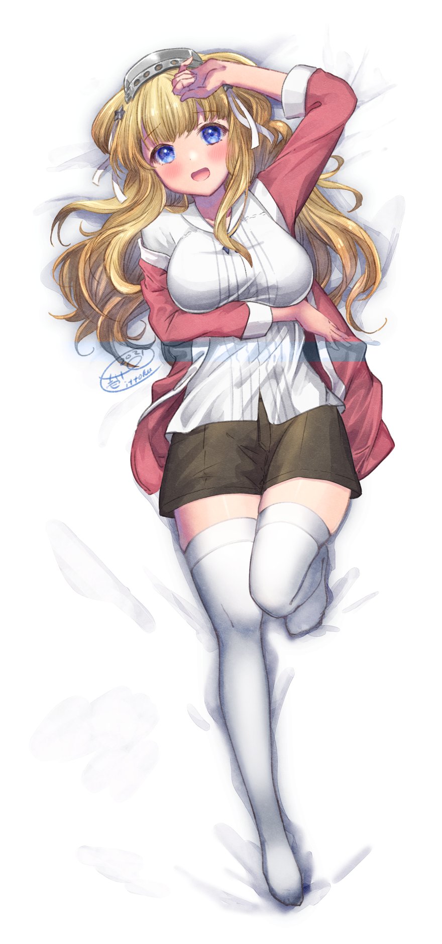 1girl blonde_hair blouse breasts brown_skirt cardigan commission double_bun dress fletcher_(kancolle) full_body hair_ribbon hairband highres ittokyu kantai_collection large_breasts long_hair lying on_back pink_cardigan pink_dress ribbon skeb_commission skirt smile solo violet_eyes white_blouse white_dress white_legwear white_ribbon