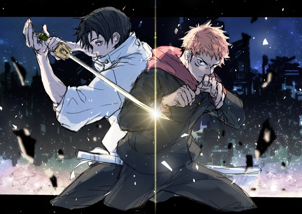 2boys back-to-back bags_under_eyes black_eyes black_hair black_pants brown_eyes clenched_hand cowboy_shot debris facial_mark fighting_stance gakuran glint half-closed_eyes hands_up high_collar holding holding_weapon hood hoodie itadori_yuuji jacket jujutsu_kaisen katana letterboxed looking_at_viewer male_focus multiple_boys okkotsu_yuuta outside_border pants pink_hair school_uniform sheath short_hair sword undercut weapon white_jacket yuoekk