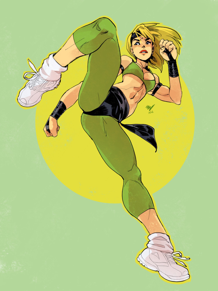 1girl armlet bandaged_wrist biceps black_headband black_panties blonde_hair blue_eyes breasts clenched_hands earrings fighting_stance full_body green_legwear green_sports_bra headband high_kick jewelry kicking leggings lips loose_socks medium_breasts medium_hair midriff midway_(company) mortal_kombat mortal_kombat_4 mortal_kombat_armageddon mortal_kombat_deadly_alliance mortal_kombat_deception mortal_kombat_ii mortal_kombat_trilogy muscular muscular_female panties panties_over_pantyhose pantyhose sash shoes sneakers solo sonya_blade sports_bra standing standing_on_one_leg tiptoes ultimate_mortal_kombat_3 underwear vashperado white_footwear white_legwear