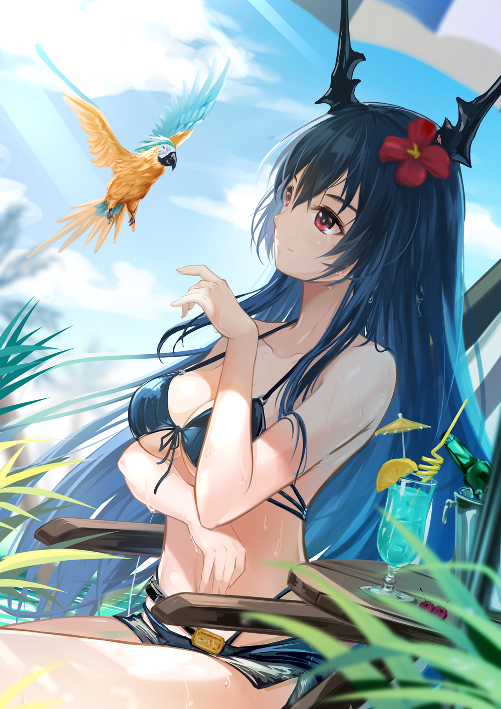 1girl arknights bangs bare_shoulders bikini bird black_bikini blue_hair blue_sky breasts ch'en_(arknights) ch'en_the_holungday_(arknights) clouds cocktail_umbrella commentary_request cup day dragon_horns drinking_glass drinking_straw flower front-tie_bikini front-tie_top hair_between_eyes hair_flower hair_ornament hand_up highres horns lancefate large_breasts long_hair macaw micro_shorts parrot red_eyes red_flower shorts sitting sky smile solo stomach swimsuit very_long_hair