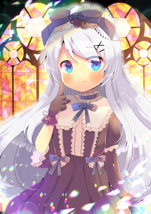 1girl bangs black_bow black_dress black_gloves blue_eyes blush bow closed_mouth collared_dress dress eyebrows_visible_through_hair frilled_shirt_collar frills gloves hair_between_eyes hair_bow hair_ornament hairclip hand_up index_finger_raised kouu_hiyoyo looking_at_viewer maid_headdress original pleated_dress puffy_short_sleeves puffy_sleeves purple_bow short_sleeves silver_hair smile solo stained_glass wide_sleeves x_hair_ornament