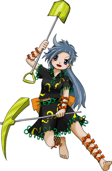 1girl barefoot belt gold grey_eyes grey_hair himemushi_momoyo holding holding_pickaxe holding_shovel jewelry long_hair mullet official_art patterned_clothing pickaxe ribbon ring shovel smile solo stomach tools touhou transparent_background unconnected_marketeers zun_(artist)
