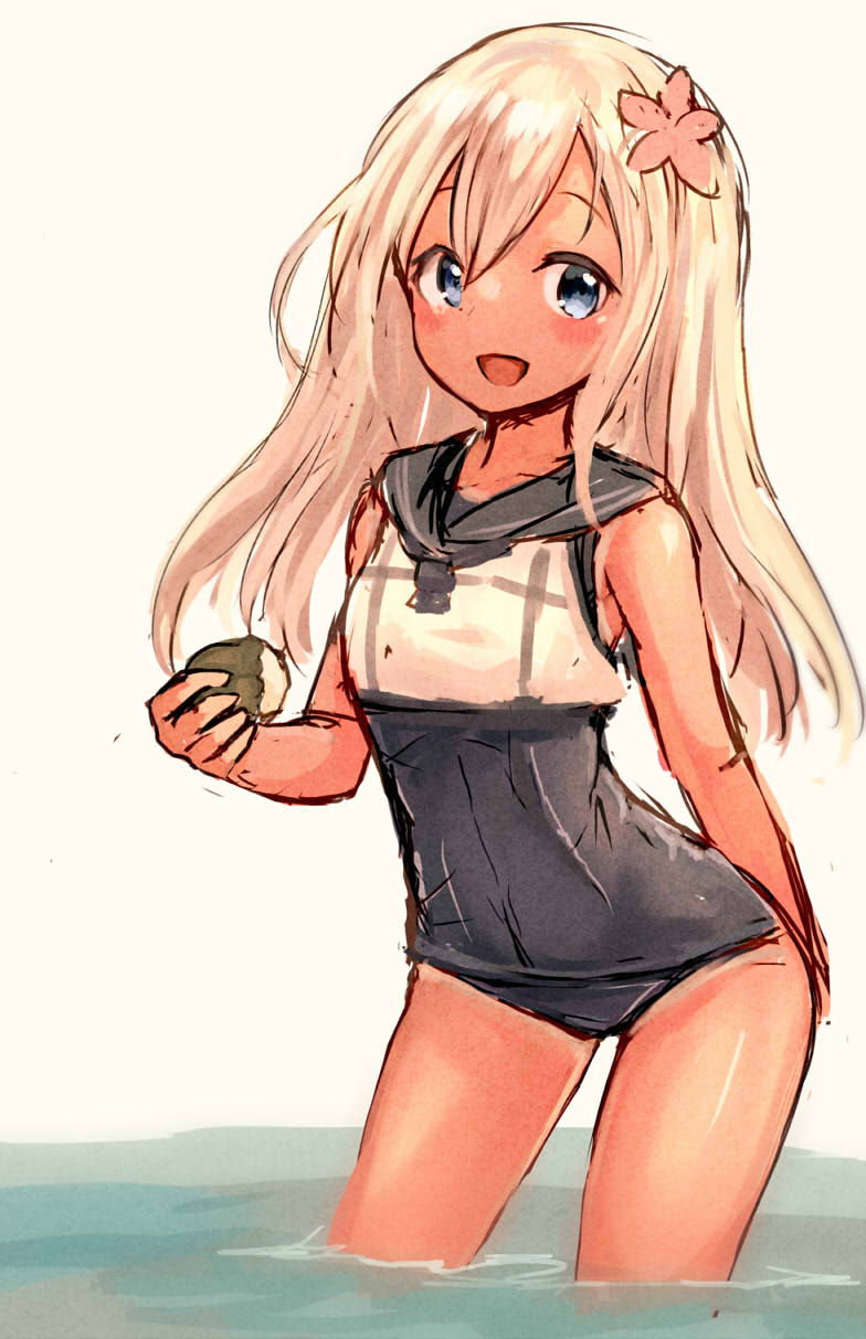 1girl :d blonde_hair blue_eyes commentary_request crop_top flower hair_flower hair_ornament highres kantai_collection long_hair looking_at_viewer one-piece_swimsuit one-piece_tan open_mouth ro-500_(kancolle) sailor_collar school_swimsuit school_uniform serafuku smile solo swimsuit swimsuit_under_clothes tan tanline wss_(nicoseiga19993411)
