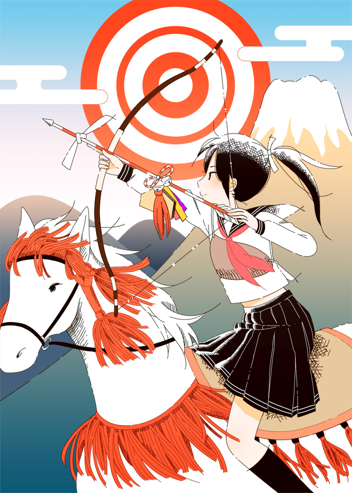 1girl arrow_(projectile) bell black_hair black_legwear black_sailor_collar blush bow_(weapon) egasumi feet_out_of_frame horse long_hair long_sleeves mountain original ponytail profile sailor_collar satou_odori shirt smile socks solo target weapon white_shirt