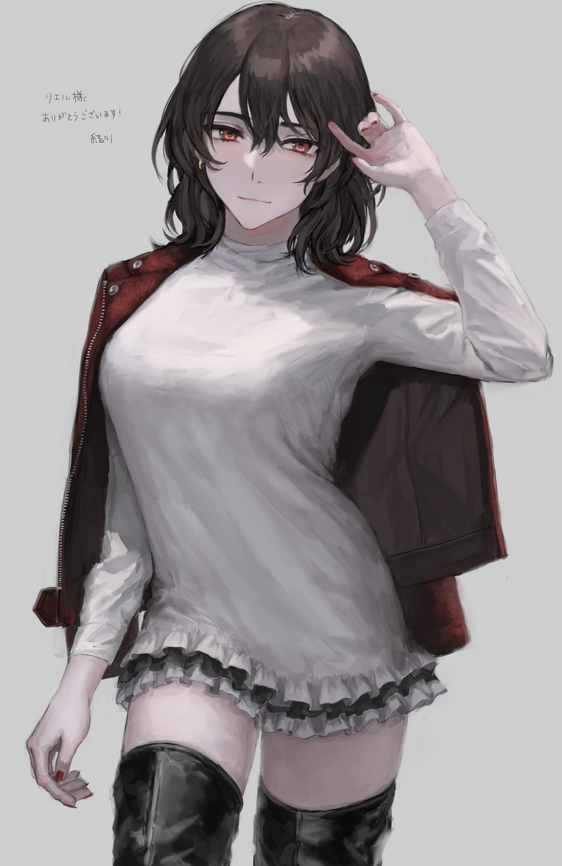 black_hair borrowed_character breasts brown_eyes commentary_request commission cowboy_shot earrings eyebrows_behind_hair frilled_shirt frilled_skirt frills highres jacket jacket_on_shoulders jewelry large_breasts miniskirt original red_nails shirt skeb_commission skirt thigh-highs translation_request yuikawa_(00hyr)