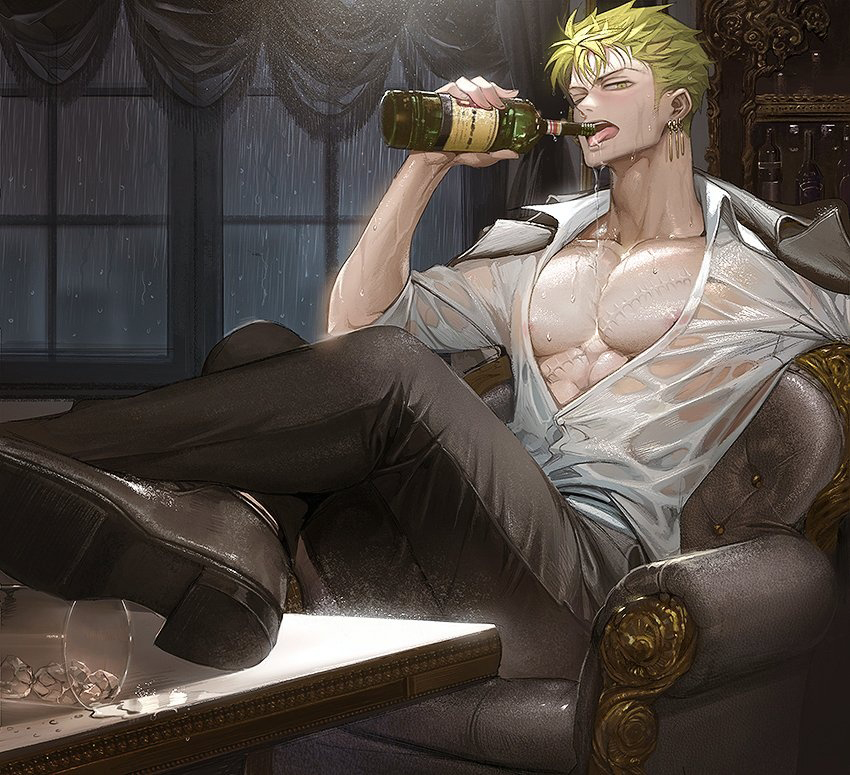 1boy armchair bare_pectorals black_footwear black_pants bottle chair collared_shirt crossed_legs cup drinking_glass earrings feet_on_table green_eyes green_hair holding holding_bottle ice ice_cube indoors jacket jacket_on_shoulders jewelry looking_at_viewer male_cleavage male_focus multiple_earrings nipple_slip nipples one_eye_closed one_piece open_mouth pants pectorals pouring_onto_self rain roronoa_zoro runa_(artist) scar scar_on_chest see-through shirt shoe_soles short_hair sitting solo spill spilling table toned toned_male tongue wet wet_clothes wet_shirt white_shirt window